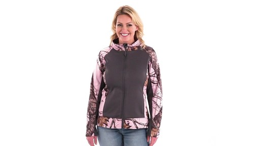Guide Gear Women's Pink Camo Trim Soft Shell Jacket 360 View - image 6 from the video