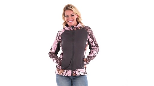 Guide Gear Women's Pink Camo Trim Soft Shell Jacket 360 View - image 7 from the video